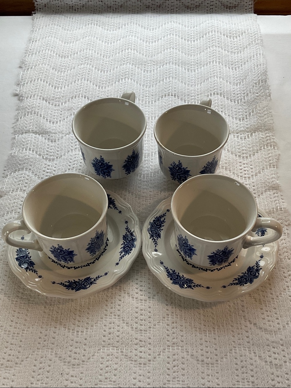 Ironstone Mayhill Federalist White with Blue Floral coffee/tea cups and Saucers